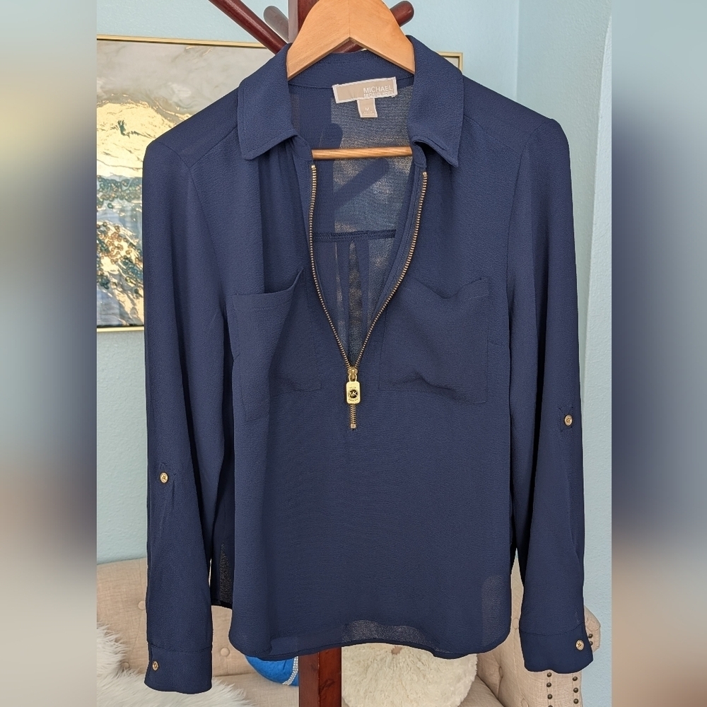 Michael Kors Blue Women's Top with Gold Accents Size M - Picture 6 of 11